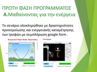 ΠΡΩΤΗ ΦΑΣΗ ΠΡΟΓΡΑΜΜΑΤΟΣ
Α.Μαθαίνοντας για την ενέργεια
Tο σενάριο ολοκληρώθηκε με δραστηριότητες
προσομοίωσης και ενεργειακής καταμέτρησης
των τροφών με συμπλήρωση google form .
 
