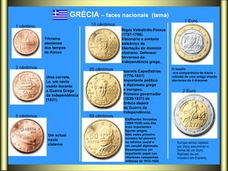GRÉCIA  – faces nacionais  (tema)   Trirremo  ateniense  dos tempos  de Kimon  Uma corveta,  i.e. um navio  usado durante  a Guerra Grega  da Independência  (1821)  Um actual  navio  cisterna  Rigas Velestinlis-Fereos  (1757-1798).  Visionário e símbolo  balkânico da libertação do domínio  otomano. Defensor  fervoroso da  independência grega.  Eleftherios Venizelos  (1864-1936) uma das  mais importantes  figuras gregas.  Sete vezes primeiro  ministro foi pioneiro  na reforma social e  um versátil diplomata.  Desempenhou um  importante papel nas  vitoriosas campanhas militares de 1912-1920.  Ioannis Capodistrias  (1776-1831)  Importante político  e diplomata grego  e europeu.  Primeiro governador (1830-1831) da  Grécia depois  da Guerra da  Independência.  O mocho  ave companheira de Atena –  retirado de uma antiga moeda  ateniense de 4 dracmas  Europa sendo raptada  por Zeus assumindo a  forma de um touro.  Retirado de um  mosaico em Esparta.  1 cêntimo   2 cêntimos   5 cêntimos   10 cêntimos   20 cêntimos   50 cêntimos   1 Euro   2 Euro   