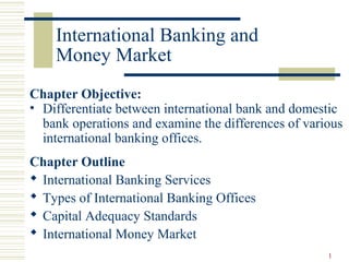 International Banking and
    Money Market
Chapter Objective:
• Differentiate between international bank and domestic
  bank operations and examine the differences of various
  international banking offices.
Chapter Outline
 International Banking Services
 Types of International Banking Offices
 Capital Adequacy Standards
 International Money Market
                                                     1
 