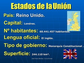 País:  Reino Unido. Estados de la   Unión Capital:  Londres. Nº habitantes:  60.441.457 habitantes. Lengua oficial:  El inglés. Tipo de gobierno:  Monarquía Constitucional . Superficie:  244.110 km². 