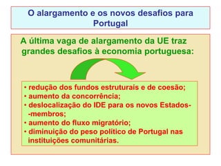 O alargamento e os novos desafios para
                Portugal

A última vaga de alargamento da UE traz
grandes desafios à economia portuguesa:



• redução dos fundos estruturais e de coesão;
• aumento da concorrência;
• deslocalização do IDE para os novos Estados-
  -membros;
• aumento do fluxo migratório;
• diminuição do peso político de Portugal nas
  instituições comunitárias.
 