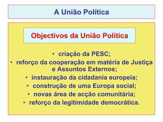 A União Política


      Objectivos da União Política

              • criação da PESC;
• reforço da cooperação em matéria de Justiça
              e Assuntos Externos;
     • instauração da cidadania europeia;
      • construção de uma Europa social;
      • novas área de acção comunitária;
    • reforço da legitimidade democrática.
 