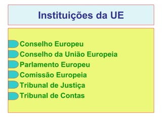Instituições da UE

Conselho Europeu
Conselho da União Europeia
Parlamento Europeu
Comissão Europeia
Tribunal de Justiça
Tribunal de Contas
 