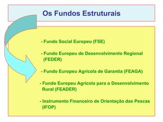 Os Fundos Estruturais


- Fundo Social Europeu (FSE)

- Fundo Europeu de Desenvolvimento Regional
  (FEDER)

- Fundo Europeu Agrícola de Garantia (FEAGA)

- Fundo Europeu Agrícola para o Desenvolvimento
  Rural (FEADER)

- Instrumento Financeiro de Orientação das Pescas
  (IFOP)
 