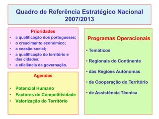 Quadro de Referência Estratégico Nacional
                   2007/2013
           Prioridades
•   a qualificação dos portugueses;   Programas Operacionais
•   o crescimento económico;
•   a coesão social;                  • Temáticos
•   a qualificação do território e
    das cidades;                      • Regionais do Continente
•   a eficiência da governação.
                                      • das Regiões Autónomas
             Agendas
                                      • de Cooperação do Território
• Potencial Humano
• Factores de Competitividade         • de Assistência Técnica
• Valorização do Território
 