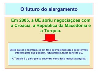 O futuro do alargamento

Em 2005, a UE abriu negociações com
a Croácia, a República da Macedónia e
              a Turquia.



Estes países encontram-se em fase de implementação de reformas
    internas para que possam, futuramente, fazer parte da EU.

 A Turquia é o país que se encontra numa fase menos avançada.
 