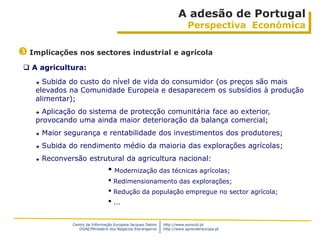 A adesão de Portugal
                                                                           Perspectiva Económica


 Implicações nos sectores industrial e agrícola
  A agricultura:
     Subida do custo do nível de vida do consumidor (os preços são mais
    elevados na Comunidade Europeia e desaparecem os subsídios à produção
    alimentar);
     Aplicação do sistema de protecção comunitária face ao exterior,
    provocando uma ainda maior deterioração da balança comercial;
       Maior segurança e rentabilidade dos investimentos dos produtores;
       Subida do rendimento médio da maioria das explorações agrícolas;
       Reconversão estrutural da agricultura nacional:
                                  • Modernização das técnicas agrícolas;
                                  • Redimensionamento das explorações;
                                  • Redução da população empregue no sector agrícola;
                                  • ...

                Centro de Informação Europeia Jacques Delors   http://www.eurocid.pt
                   DGAE/Ministério dos Negócios Estrangeiros   http://www.aprendereuropa.pt
 