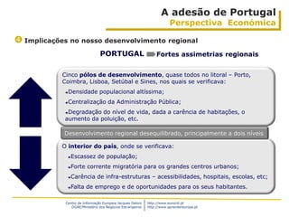 A adesão de Portugal
                                                                        Perspectiva Económica

 Implicações no nosso desenvolvimento regional
                                PORTUGAL                         Fortes assimetrias regionais


            Cinco pólos de desenvolvimento, quase todos no litoral – Porto,
            Coimbra, Lisboa, Setúbal e Sines, nos quais se verificava:
                Densidade populacional altíssima;
                Centralização da Administração Pública;
             Degradação do nível de vida, dada a carência de habitações, o
             aumento da poluição, etc.

            Desenvolvimento regional desequilibrado, principalmente a dois níveis

            O interior do país, onde se verificava:
                 Escassez de população;
                 Forte corrente migratória para os grandes centros urbanos;
                 Carência de infra-estruturas – acessibilidades, hospitais, escolas, etc;
                 Falta de emprego e de oportunidades para os seus habitantes.

             Centro de Informação Europeia Jacques Delors   http://www.eurocid.pt
                DGAE/Ministério dos Negócios Estrangeiros   http://www.aprendereuropa.pt
 