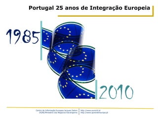 Portugal 25 anos de Integração Europeia




1985

                                                                     2010
    Centro de Informação Europeia Jacques Delors   http://www.eurocid.pt
       DGAE/Ministério dos Negócios Estrangeiros   http://www.aprendereuropa.pt
 