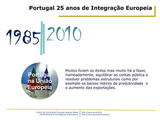 Portugal 25 anos de Integração Europeia




1985 2010
                                  Muitos foram os êxitos mas muito há a fazer,
  Portugal                        nomeadamente, equilibrar as contas pública e
                                  resolver problemas estruturais como por
  na União                        exemplo os baixos índices de produtividade e
  Europeia                        o aumento das exportações.




    Centro de Informação Europeia Jacques Delors   http://www.eurocid.pt
       DGAE/Ministério dos Negócios Estrangeiros   http://www.aprendereuropa.pt
 
