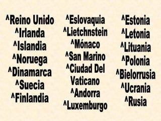 ^Reino Unido ^Irlanda ^Islandia ^Noruega ^Dinamarca ^Suecia ^Finlandia ^Estonia ^Letonia ^Lituania ^Polonia ^Bielorrusia ^Ucrania ^Rusia ^Eslovaquia ^Lietchnstein ^Mónaco ^San Marino ^Ciudad Del  Vaticano ^Andorra ^Luxemburgo 