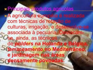  Principais  produtos agricolas
 A agricultura européia é realizada
  com técnicas de rotação de
  culturas, irrigação, e desenvolve-se
  associada à pecuária. Destacam-
  se, ainda, as técnicas
  de polders na Holanda e Bélgica,
  terraceamento no Mediterrâneo,
  e jardinagem nas áreas
  densamente povoadas.
 