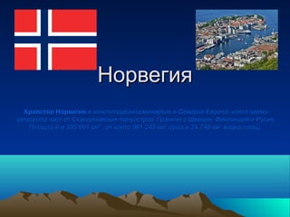 Норвегия
  Кралство Норвегия е конституционна монархия в Северна Европа, която заема
западната част от Скандинавския полуостров. Граничи с Швеция, Финландия и Русия.
    Площта ѝ е 385 991 км² , от които 361 243 км² суша и 24 748 км² водна площ.
 
