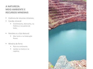 A NATUREZA:
MEIO AMBIENTE E
RECURSOS MINERAIS
 Carência de recursos minerais;
 Carvão mineral:
 Grã-Bretanha, Alemanha, na
Polônia e nos países do
leste;
 Petróleo e o Gás Natural:
 Mar norte e na Federação
Russa;
 Minério de ferro:
 Raro no continente;
 Jazidas na Suécia e na
Lapônia;
 
