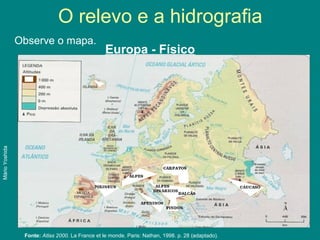 O relevo e a hidrografia
Observe o mapa.
Fonte: Atlas 2000. La France et le monde. Paris: Nathan, 1998. p. 28 (adaptado).
MárioYoshida
Europa - Físico
 