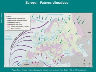 Europa – Fatores climáticos
MárioYoshida
Fonte: Rémy Knafou. Histoire/Geographie (initiation économique). Paris: Belin, 1992. p. 202 (adaptado).
 