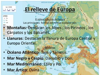 El relieve de Europa
El relieve y los ríos de Europa
Las principales formas del relieve europeo son:
• Montañas: Destacan los Alpes , los Pirineos , los
Cárpatos y los Balcanes.
• Llanuras: Destacan la llanura de Europa Central y
Europa Oriental.
Vertientes
• Océano Atlántico: Tajo y Támesis.
• Mar Negro y Caspio: Danubio y Don.
• Mar Mediterráneo: Ebro y Po.
• Mar Ártico: Dvina.
 