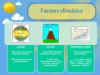 Factors climàtics
LATITUD:
Més calor, com més a
prop de l’Equador.
Més fred, quant més a
proa dels pols.
ALTITUD:
Cada 1000 metres la
temperatura baixa 6º C.
A dalt de les
muntanyes fa més fred
que a les valls o al
costat del mar.
PROXIMITAT AL MAR:
El mar suavitza les
temperatures.
A la costa, menys
calor a l’estiu i menys
fred a l’hivern que a
les zones interiors.
 