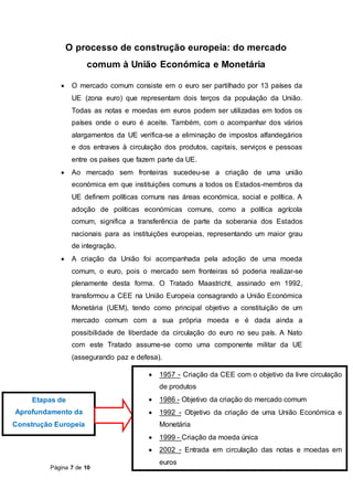Página 7 de 10
O processo de construção europeia: do mercado
comum à União Económica e Monetária
 O mercado comum consiste em o euro ser partilhado por 13 países da
UE (zona euro) que representam dois terços da população da União.
Todas as notas e moedas em euros podem ser utilizadas em todos os
países onde o euro é aceite. Também, com o acompanhar dos vários
alargamentos da UE verifica-se a eliminação de impostos alfandegários
e dos entraves à circulação dos produtos, capitais, serviços e pessoas
entre os países que fazem parte da UE.
 Ao mercado sem fronteiras sucedeu-se a criação de uma união
económica em que instituições comuns a todos os Estados-membros da
UE definem políticas comuns nas áreas económica, social e política. A
adoção de políticas económicas comuns, como a política agrícola
comum, significa a transferência de parte da soberania dos Estados
nacionais para as instituições europeias, representando um maior grau
de integração.
 A criação da União foi acompanhada pela adoção de uma moeda
comum, o euro, pois o mercado sem fronteiras só poderia realizar-se
plenamente desta forma. O Tratado Maastricht, assinado em 1992,
transformou a CEE na União Europeia consagrando a União Económica
Monetária (UEM), tendo como principal objetivo a constituição de um
mercado comum com a sua própria moeda e é dada ainda a
possibilidade de liberdade da circulação do euro no seu país. A Nato
com este Tratado assume-se como uma componente militar da UE
(assegurando paz e defesa).
da União Europeia
Etapas de
Aprofundamento da
Construção Europeia
 1957 - Criação da CEE com o objetivo da livre circulação
de produtos
 1986 - Objetivo da criação do mercado comum
 1992 - Objetivo da criação de uma União Económica e
Monetária
 1999 - Criação da moeda única
 2002 - Entrada em circulação das notas e moedas em
euros
 