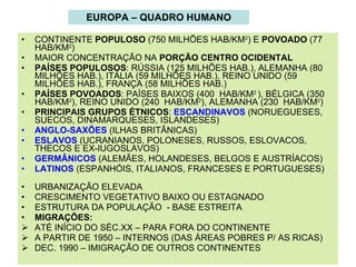 EUROPA – QUADRO HUMANO CONTINENTE  POPULOSO  (750 MILHÕES HAB/KM 2 ) E  POVOADO  (77 HAB/KM 2 ) MAIOR CONCENTRAÇÃO NA  PORÇÃO CENTRO OCIDENTAL PAÍSES POPULOSOS : RÚSSIA (125 MILHÕES HAB.), ALEMANHA (80 MILHÕES HAB.), ITÁLIA (59 MILHÕES HAB.), REINO UNIDO (59 MILHÕES HAB.), FRANÇA (58 MILHÕES HAB.) PAÍSES POVOADOS : PAÍSES BAIXOS (400  HAB/KM 2  ), BÉLGICA (350  HAB/KM 2 ), REINO UNIDO (240  HAB/KM 2 ), ALEMANHA (230  HAB/KM 2 ) PRINCIPAIS GRUPOS ÉTNICOS :  ESCANDINAVOS   (NORUEGUESES, SUECOS, DINAMARQUESES, ISLANDESES) ANGLO-SAXÕES  (ILHAS BRITÂNICAS) ESLAVOS  (UCRANIANOS, POLONESES, RUSSOS, ESLOVACOS, THECOS E EX-IUGOSLAVOS) GERMÂNICOS  (ALEMÃES, HOLANDESES, BELGOS E AUSTRÍACOS) LATINOS  (ESPANHÓIS, ITALIANOS, FRANCESES E PORTUGUESES)  URBANIZAÇÃO ELEVADA  CRESCIMENTO VEGETATIVO BAIXO OU ESTAGNADO ESTRUTURA DA POPULAÇÃO  - BASE ESTREITA MIGRAÇÕES:  ATÉ INÍCIO DO SÉC.XX – PARA FORA DO CONTINENTE A PARTIR DE 1950 – INTERNOS (DAS ÁREAS POBRES P/ AS RICAS) DEC. 1990 – IMIGRAÇÃO DE OUTROS CONTINENTES  