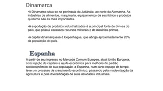 Dinamarca
•A Dinamarca situa-se na península da Jutlândia, ao norte da Alemanha. As
indústrias de alimentos, maquinaria, equipamentos de escritórios e produtos
químicos são as mais importantes.
•A exportação de produtos industrializados é a principal fonte de divisas do
país, que possui escassos recursos minerais e de matérias-primas.
•A capital dinamarquesa é Copenhague, que abriga aproximadamente 20%
da população do país.
Espanha
A partir de seu ingresso no Mercado Comum Europeu, atual União Europeia,
com injeção de capitais e ajuda econômica para melhoria do padrão
socioeconômico de sua população, a Espanha, num curto espaço de tempo,
teve um processo de crescimento econômico, passando pela modernização da
agricultura e pela diversificação de suas atividades industriais.
 