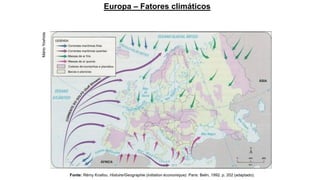 Europa – Fatores climáticos
Mário
Yoshida
Fonte: Rémy Knafou. Histoire/Geographie (initiation économique). Paris: Belin, 1992. p. 202 (adaptado).
 