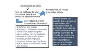 Entretanto, isso acabou
acarretando justamente o aumento
no índice de desemprego em
alguns países, pois com salários
elevados e jornada de trabalho
reduzida, muitas empresas
europeias optaram por investir em
outros países e continentes, entre
eles a China.
Paulatinamente, por
pressão das empresas, os
trabalhadores vêm
aceitando acordos de
ampliação de jornada de
trabalho sem aumento de
salários ou acordos de
redução de jornada com
diminuição de salário, a
fim de garantir seus
empregos, sobretudo,
após a crise de 2008.
Na década de 1980
Houve a instituição de uma
proposta de redução da
jornada de trabalho semanal.
Na Alemanha, na França
e em outros países.
Com o objetivo de criar
oportunidades de emprego.
 