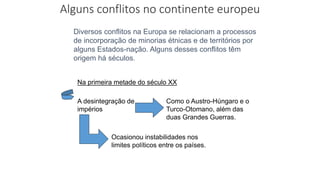 Alguns conflitos no continente europeu
Diversos conflitos na Europa se relacionam a processos
de incorporação de minorias étnicas e de territórios por
alguns Estados-nação. Alguns desses conflitos têm
origem há séculos.
Na primeira metade do século XX
A desintegração de
impérios
Como o Austro-Húngaro e o
Turco-Otomano, além das
duas Grandes Guerras.
Ocasionou instabilidades nos
limites políticos entre os países.
 
