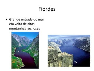 Fiordes Grande entrada do mar em volta de altas montanhas rochosas 