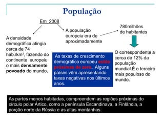 População Em  2008780milhões de habitantesA população europeia era de aproximadamenteA densidade demográfica atingia cerca de 74 hab./km², fazendo do  continente  europeiu o mais densamente povoado do mundo.O correspondente a cerca de 12% da população mundial.É o terceiro mais populoso do mundo. As taxas de crescimento demográfico europeu estão próximas de zero.  Alguns países vêm apresentando taxas negativas nos últimos anos.As partes menos habitadas, compreendem as regiões próximas do círculo polar Ártico, como a península Escandinava, a Finlândia, a porção norte da Rússia e as altas montanhas.