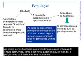 População
A densidade
demográfica atingia
cerca de 71 hab./km²,
fazendo do
continente o mais
densamente povoado
do mundo.
ParteintegrantedaobraGeografiahomem&espaço,EditoraSaraiva
Em 2005
A população
europeia era de
aproximadamente
745 milhões
de habitantes
O correspondente a
cerca de 12% da
população mundial.
As partes menos habitadas, compreendem as regiões próximas do
círculo polar Ártico, como a península Escandinava, a Finlândia, a
porção norte da Rússia e as altas montanhas.
As taxas de crescimento
demográfico europeu estão
próximas de zero. Alguns
países vêm apresentando
taxas negativas nos últimos
anos.
 