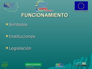 FUNCIONAMIENTOFUNCIONAMIENTO
 SímbolosSímbolos
 InstitucionesInstituciones
 LegislaciónLegislación
 
