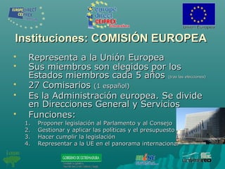Instituciones: COMISIÓN EUROPEAInstituciones: COMISIÓN EUROPEA
 Representa a la Unión EuropeaRepresenta a la Unión Europea
 Sus miembros son elegidos por losSus miembros son elegidos por los
Estados miembros cada 5 añosEstados miembros cada 5 años (tras las elecciones)(tras las elecciones)
 27 Comisarios27 Comisarios (1 español)(1 español)
 Es la Administración europea. Se divideEs la Administración europea. Se divide
en Direcciones General y Serviciosen Direcciones General y Servicios
 Funciones:Funciones:
1.1. Proponer legislación al Parlamento y al ConsejoProponer legislación al Parlamento y al Consejo
2.2. Gestionar y aplicar las políticas y el presupuestoGestionar y aplicar las políticas y el presupuesto
3.3. Hacer cumplir la legislaciónHacer cumplir la legislación
4.4. Representar a la UE en el panorama internacionalRepresentar a la UE en el panorama internacional
 