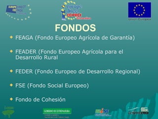 FONDOS
 FEAGA (Fondo Europeo Agrícola de Garantía)
 FEADER (Fondo Europeo Agrícola para el
Desarrollo Rural
 FEDER (Fondo Europeo de Desarrollo Regional)
 FSE (Fondo Social Europeo)
 Fondo de Cohesión
 