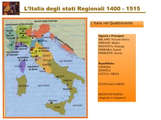 L’Italia nel Quattrocento
Signorie e Principati:
MILANO: Visconti­Sforza
FIRENZE: Medici
MANTOVA: Gonzaga
FERRARA: Estensi
PIEMONTE: Savoia
Repubbliche:
VENEZIA
GENOVA
LUCCA e SIENA
STATO della CHIESA
REGNO DI NAPOLI
(Angioini vs Aragonesi)
L’Italia degli stati Regionali 1400 - 1515
 