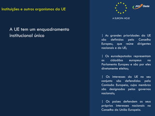 A UE tem um enquadramento
institucional único
Instituições e outros organismos da UE
| As grandes prioridades da UE
são definidas pelo Conselho
Europeu, que reúne dirigentes
nacionais e da UE;
| Os eurodeputados representam
os cidadãos europeus no
Parlamento Europeu e são por eles
diretamente eleitos;
| Os interesses da UE no seu
conjunto são defendidos pela
Comissão Europeia, cujos membros
são designados pelos governos
nacionais;
| Os países defendem os seus
próprios interesses nacionais no
Conselho da União Europeia.
A EUROPA HOJE
 