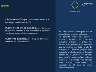 Há três grandes instituições da UE
envolvidas no processo legislativo.
Em conjunto, estas três instituições
adotam, através do “processo
legislativo ordinário” (a antiga “co-
decisão”), as políticas e a legislação
que se aplicam em toda a UE. Em
princípio, a Comissão propõe nova
legislação e o Parlamento e o Conselho
adotam-na. A Comissão e os Estados-
Membros são os responsáveis pela sua
execução. A Comissão vela também
pela correta transposição da
legislação da UE para as ordens
jurídicas nacionais.
Legislar
| Parlamento Europeu, diretamente eleito, que
representa os cidadãos da EU
|Conselho da União Europeia, que representa
os governos nacionais e cuja presidência é assumida
rotativamente pelos Estados-Membros;
|Comissão Europeia, que vela pela defesa dos
interesses da UE no seu todo.
A EUROPA HOJE
 