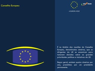 É no âmbito das reuniões do Conselho
Europeu, denominadas cimeiras, que os
dirigentes da UE se encontram para
tomarem decisões sobre as grandes
prioridades políticas e iniciativas da UE.
Regra geral, existem quatro cimeiras por
ano, presididas por um presidente
permanente.
Conselho Europeu
A EUROPA HOJE
 