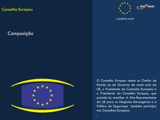 O Conselho Europeu reúne os Chefes de
Estado ou de Governo de cada país da
UE, o Presidente da Comissão Europeia e
o Presidente do Conselho Europeu, que
preside às reuniões. A Alta-Representante
da UE para os Negócios Estrangeiros e a
Política de Segurança também participa
nos Conselhos Europeus.
.
Conselho Europeu
Composição
A EUROPA HOJE
 