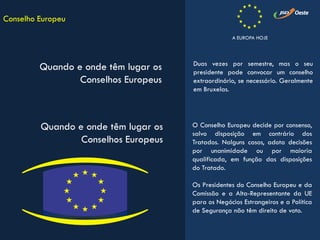 O Conselho Europeu decide por consenso,
salvo disposição em contrário dos
Tratados. Nalguns casos, adota decisões
por unanimidade ou por maioria
qualificada, em função das disposições
do Tratado.
Os Presidentes do Conselho Europeu e da
Comissão e a Alta-Representante da UE
para os Negócios Estrangeiros e a Política
de Segurança não têm direito de voto.
Conselho Europeu
Quando e onde têm lugar os
Conselhos Europeus
Duas vezes por semestre, mas o seu
presidente pode convocar um conselho
extraordinário, se necessário. Geralmente
em Bruxelas.
Quando e onde têm lugar os
Conselhos Europeus
A EUROPA HOJE
 