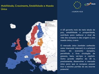 Mobilidade, Crescimento, Estabilidade e Moeda
Única
A UE garantiu mais de meio século de
paz, estabilidade e prosperidade,
contribuiu para melhorar o nível de
vida dos europeus e deu origem a uma
moeda única, o euro.
O mercado único (também conhecido
como «mercado interno») é o principal
motor da economia europeia,
permitindo a livre circulação de
pessoas, bens, serviços e capitais.
Outro grande objetivo da UE é,
precisamente, desenvolver o mercado
único para que os europeus possam
tirar o máximo partido do seu enorme
potencial.
A EUROPA HOJE
 