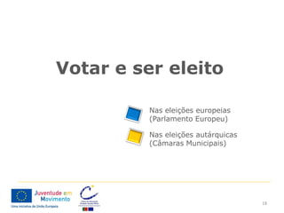 Votar e ser eleito

          Nas eleições europeias
          (Parlamento Europeu)

          Nas eleições autárquicas
          (Câmaras Municipais)




                                     18
 