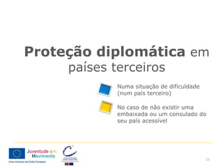 Proteção diplomática em
     países terceiros
             Numa situação de dificuldade
             (num país terceiro)

             No caso de não existir uma
             embaixada ou um consulado do
             seu país acessível




                                            21
 