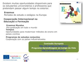 Existem muitas oportunidades disponíveis para
os estudantes universitários e professores que
pretendam passar algum tempo no exterior.

 Erasmus
 Períodos de estudo e estágios na Europa
Cooperação Internacional na
Educação e Formação
  Erasmus Mundus
  Pós-graduação em todo o mundo
  Tempus
  Oportunidades para modernizar métodos de ensino em
  países vizinhos
  Programas de estudos conjuntos
  Cooperação com os países industrializados

                                        Comissão Europeia
                                  http://ec.europa.eu/education/
                            Programa Aprendizagem ao Longo da Vida
                                     http://pt-europa.proalv.pt



                                                                     29
 