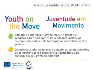 Iniciativa emblemática 2014 - 2020




Integra a estratégia «Europa 2020» e propõe 28
medidas essenciais com vista a adequar melhor os
sistemas de ensino e de formação às necessidades dos
jovens

Objectivo: ajudar os jovens a adquirir os conhecimentos,
as competências e a experiência necessários para
conseguir o seu primeiro emprego
 