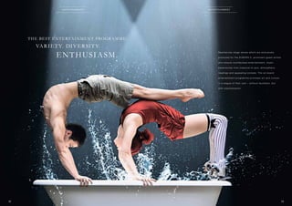 e n t e r ta i n m e n t

e n t e r ta i n m e n t

T H E BE ST E N T E RTA I N M E N T PROGR A M M E:

VA R I ET Y. DI V E R SI T Y.

E N T H USI A SM .

S p e c t a c u l a r s t a g e s h o w s w h i c h a r e e xc l u s i v e l y
p
­ r o d u c e d f o r t h e E U R O PA 2, p r o m i n e n t g u e s t ­ r t i s t s
a
w h o e n s u r e m u l t i f a c e te d e n te r t a i n m e n t, m u s i c
e
­ x p e r i e n c e s f r o m c l a s s i c a l to j a z z , a t m o s p h e r i c
r
­ eadings and appealing comedy: The on-board
e
­ n te r t a i n m e n t p r o g r a m m e p r o m i s e s a r t a n d c u l t u r e
i n a l e a g u e o f t h e i r o w n – w i t h o u t f e u i l l e to n , b u t
with sophistication.

12

13

 