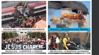 ESPANHA 2004 – 191 MORTOS E 2050 FERIDOS
FRANÇA 2015 – 12 MORTOS E 11 FERIDOS BÉLGICA 2016 – 34 MORTOS E 136 FERIDOS
EUA 2011 – 2996 MORTOS E 6291 FERIDOS
 