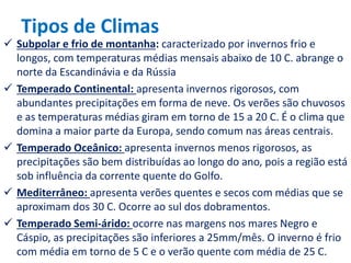 Tipos de Climas
 Subpolar e frio de montanha: caracterizado por invernos frio e
longos, com temperaturas médias mensais abaixo de 10 C. abrange o
norte da Escandinávia e da Rússia
 Temperado Continental: apresenta invernos rigorosos, com
abundantes precipitações em forma de neve. Os verões são chuvosos
e as temperaturas médias giram em torno de 15 a 20 C. É o clima que
domina a maior parte da Europa, sendo comum nas áreas centrais.
 Temperado Oceânico: apresenta invernos menos rigorosos, as
precipitações são bem distribuídas ao longo do ano, pois a região está
sob influência da corrente quente do Golfo.
 Mediterrâneo: apresenta verões quentes e secos com médias que se
aproximam dos 30 C. Ocorre ao sul dos dobramentos.
 Temperado Semi-árido: ocorre nas margens nos mares Negro e
Cáspio, as precipitações são inferiores a 25mm/mês. O inverno é frio
com média em torno de 5 C e o verão quente com média de 25 C.
 