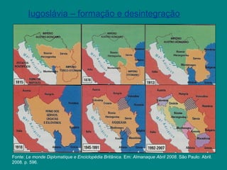 Iugoslávia – formação e desintegração
Fonte: Le monde Diplomatique e Enciclopédia Britânica. Em: Almanaque Abril 2008. São Paulo: Abril.
2008. p. 596.
 