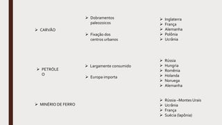  CARVÃO
 Dobramentos
paleozoicos
 Fixação dos
centros urbanos
 Inglaterra
 França
 Alemanha
 Polônia
 Ucrânia
 PETRÓLE
O
 Largamente consumido
 Europa importa
 Rússia
 Hungria
 Romênia
 Holanda
 Noruega
 Alemanha
 MINÉRIO DE FERRO
 Rússia –Montes Urais
 Ucrânia
 França
 Suécia (lapônia)
 